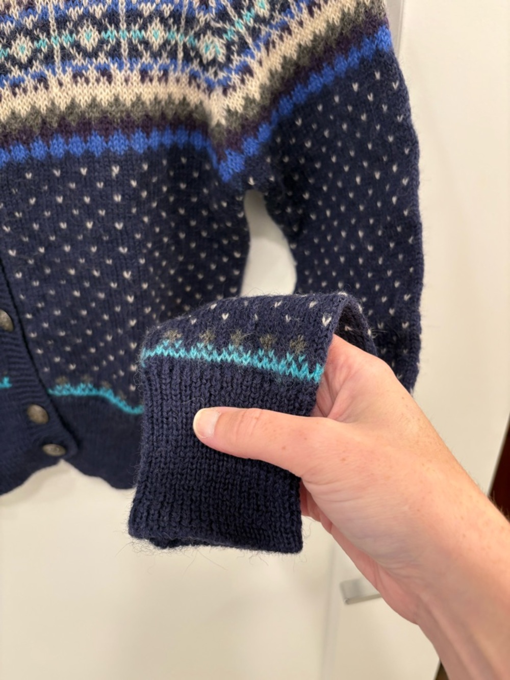 Vintage 90s Gap 100% Wool Blue Fair Isle Nordic Style Knit Cardigan Size Small - Picture 7 of 12